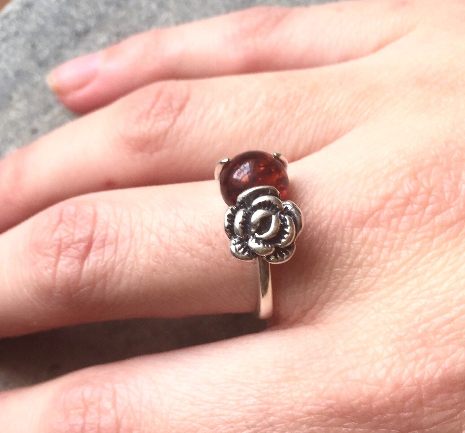 Flower Ring, Amber Ring, Silver Flower Ring, Natural Amber, Vintage Amber Ring, 925 Silver, Genuine Amber, Solid Silver Ring, Healing Stones