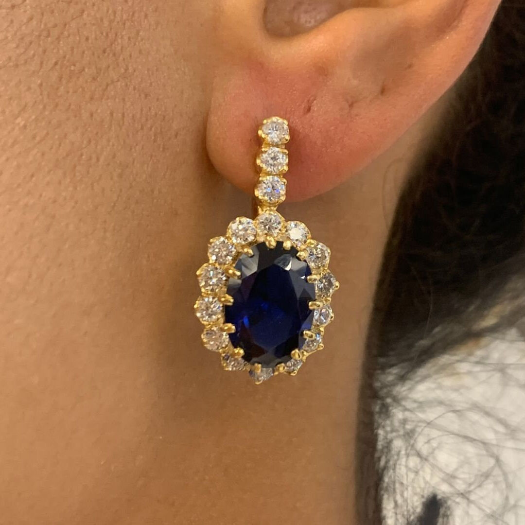 Sapphire Earrings in 18k Gold Vermeil, Halo setting, perfect gift for September birthdays and special occasions.