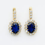 Created Sapphire Earrings made in 18k Gold Vermeil with Pear Created Blue Sapphire in Halo setting, September Birthstone gift idea, symbolizes sincerity, truth, and faithfulness, ideal for everyday wear and perfect for birthday gifting and special occasions.