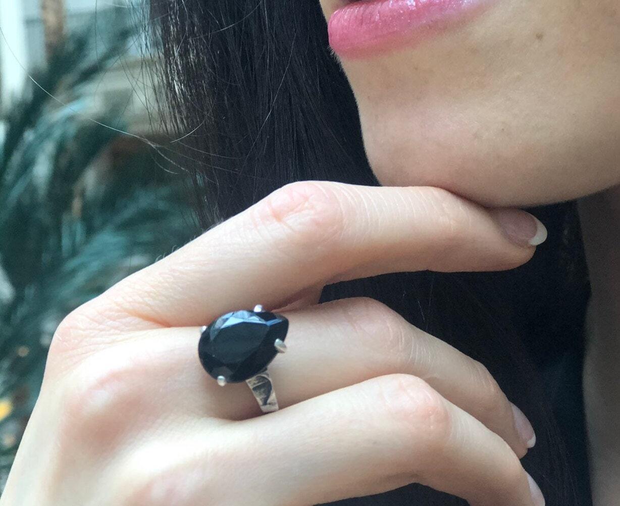 Onyx Ring, Natural Onyx, Black Teardrop Ring, December Birthstone, Black Diamond Ring, Statement Ring, Black Pear Ring, Solid Silver Ring