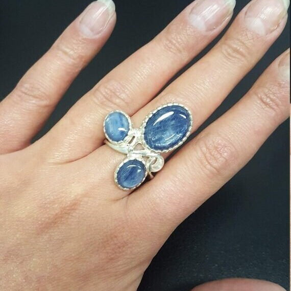 Kyanite Ring, Aquamarine Ring, Natural Kyanite, Natural Aquamarine, Blue Ring, Flower Ring, March Ring, Silver Ring, Aquamarine, Kyanite