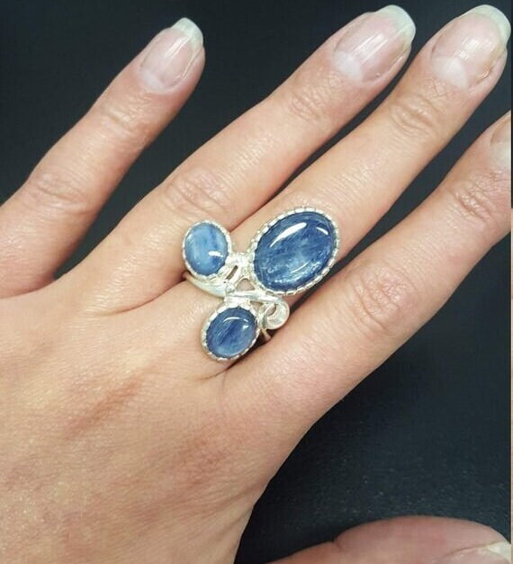 Kyanite Ring, Aquamarine Ring, Natural Kyanite, Natural Aquamarine, Blue Ring, Flower Ring, March Ring, Silver Ring, Aquamarine, Kyanite