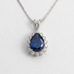 Created Sapphire Pendant made in 925 Sterling Silver with Pear Created Blue Sapphire in Prong setting, September Birthstone gift idea, symbolizes sincerity, truth, and faithfulness, ideal for everyday wear and perfect for birthday gifting and special occasions.