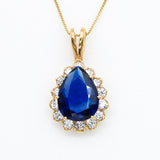 Created Sapphire Pendant made in 18k Gold Vermeil with Pear Created Blue Sapphire in Prong setting, September Birthstone gift idea, symbolizes sincerity, truth, and faithfulness, ideal for everyday wear and perfect for birthday gifting and special occasions.