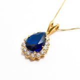 Created Sapphire Pendant made in 18k Gold Vermeil with Pear Created Blue Sapphire in Prong setting, September Birthstone gift idea, symbolizes sincerity, truth, and faithfulness, ideal for everyday wear and perfect for birthday gifting and special occasions.