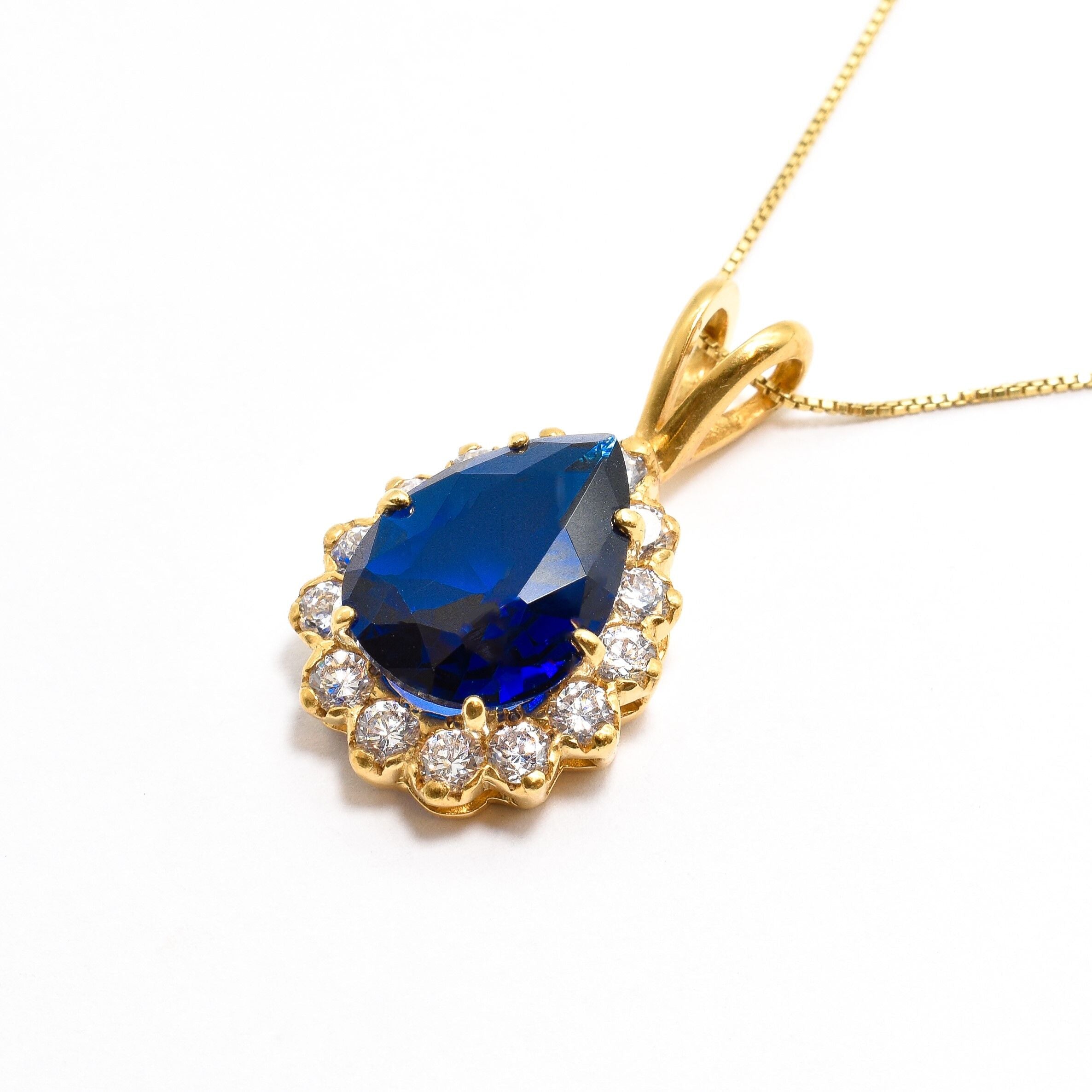 Created Sapphire Pendant made in 18k Gold Vermeil with Pear Created Blue Sapphire in Prong setting, September Birthstone gift idea, symbolizes sincerity, truth, and faithfulness, ideal for everyday wear and perfect for birthday gifting and special occasions.