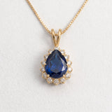 Created Sapphire Pendant made in 18k Gold Vermeil with Pear Created Blue Sapphire in Prong setting, September Birthstone gift idea, symbolizes sincerity, truth, and faithfulness, ideal for everyday wear and perfect for birthday gifting and special occasions.