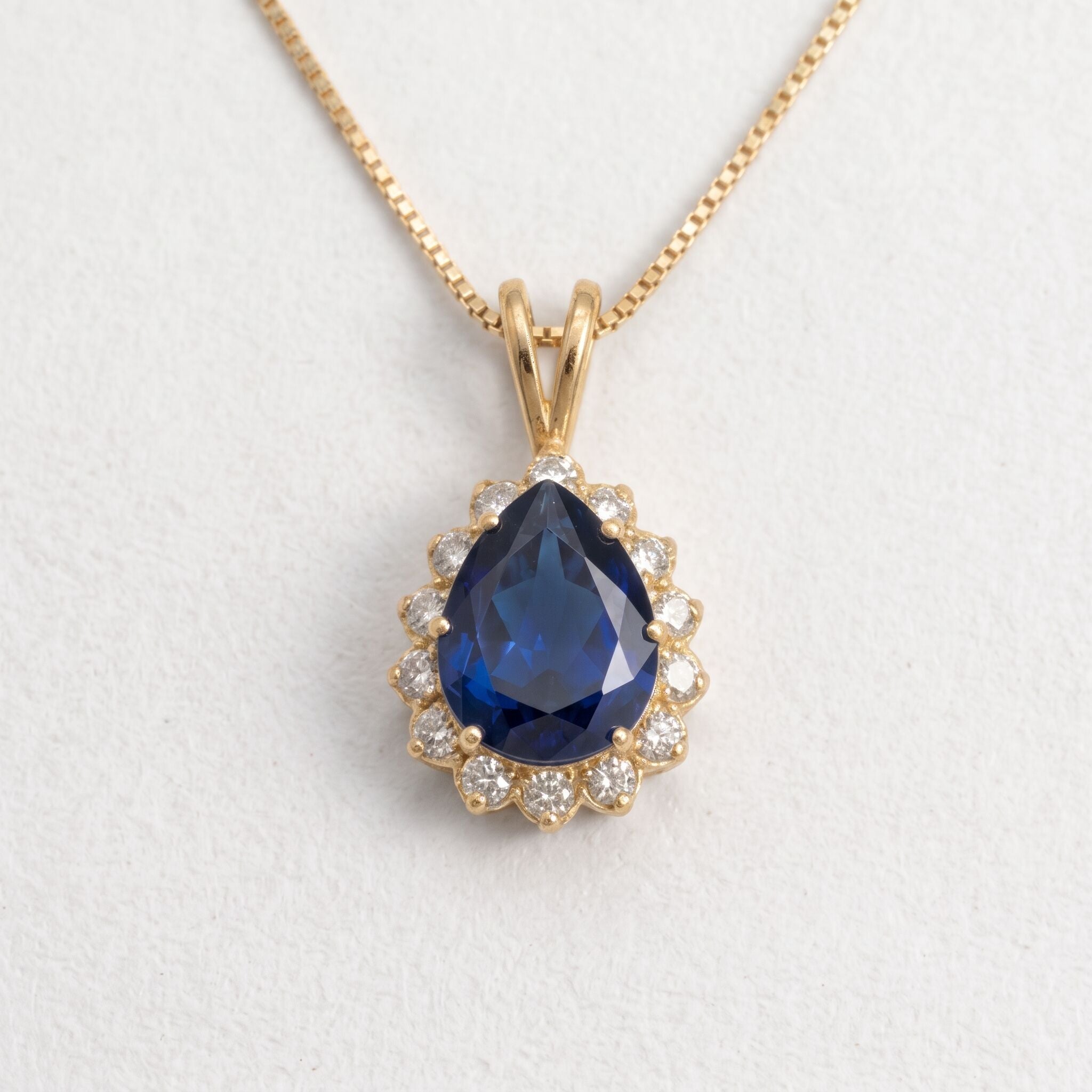 Created Sapphire Pendant made in 18k Gold Vermeil with Pear Created Blue Sapphire in Prong setting, September Birthstone gift idea, symbolizes sincerity, truth, and faithfulness, ideal for everyday wear and perfect for birthday gifting and special occasions.