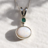 Opal Pendant, Natural Opal Pendant, Australian Opal, Natural Emerald, Dainty Oval Pendant, October Birthstone, Silver Pendant, Emerald