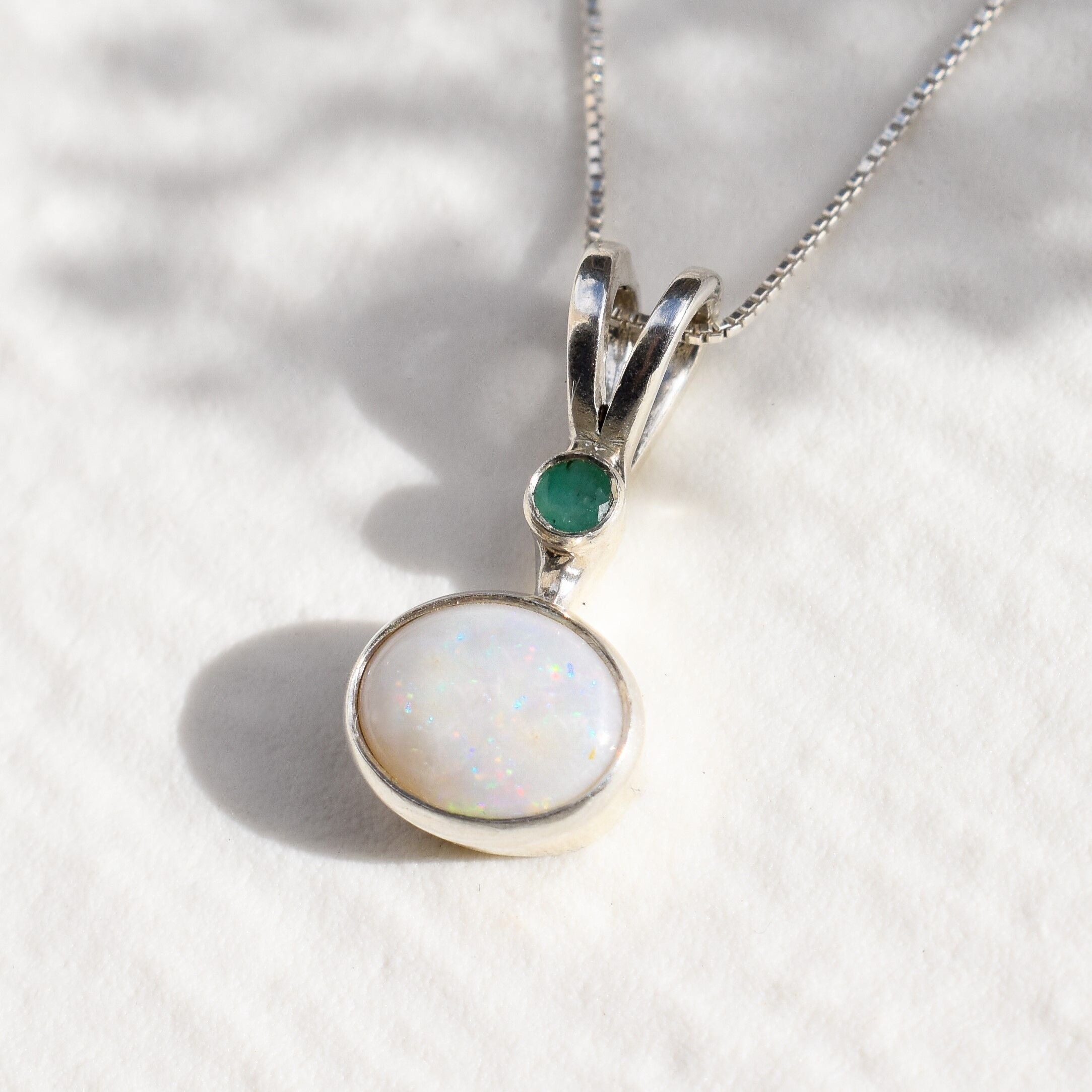 Opal Pendant, Natural Opal Pendant, Australian Opal, Natural Emerald, Dainty Oval Pendant, October Birthstone, Silver Pendant, Emerald