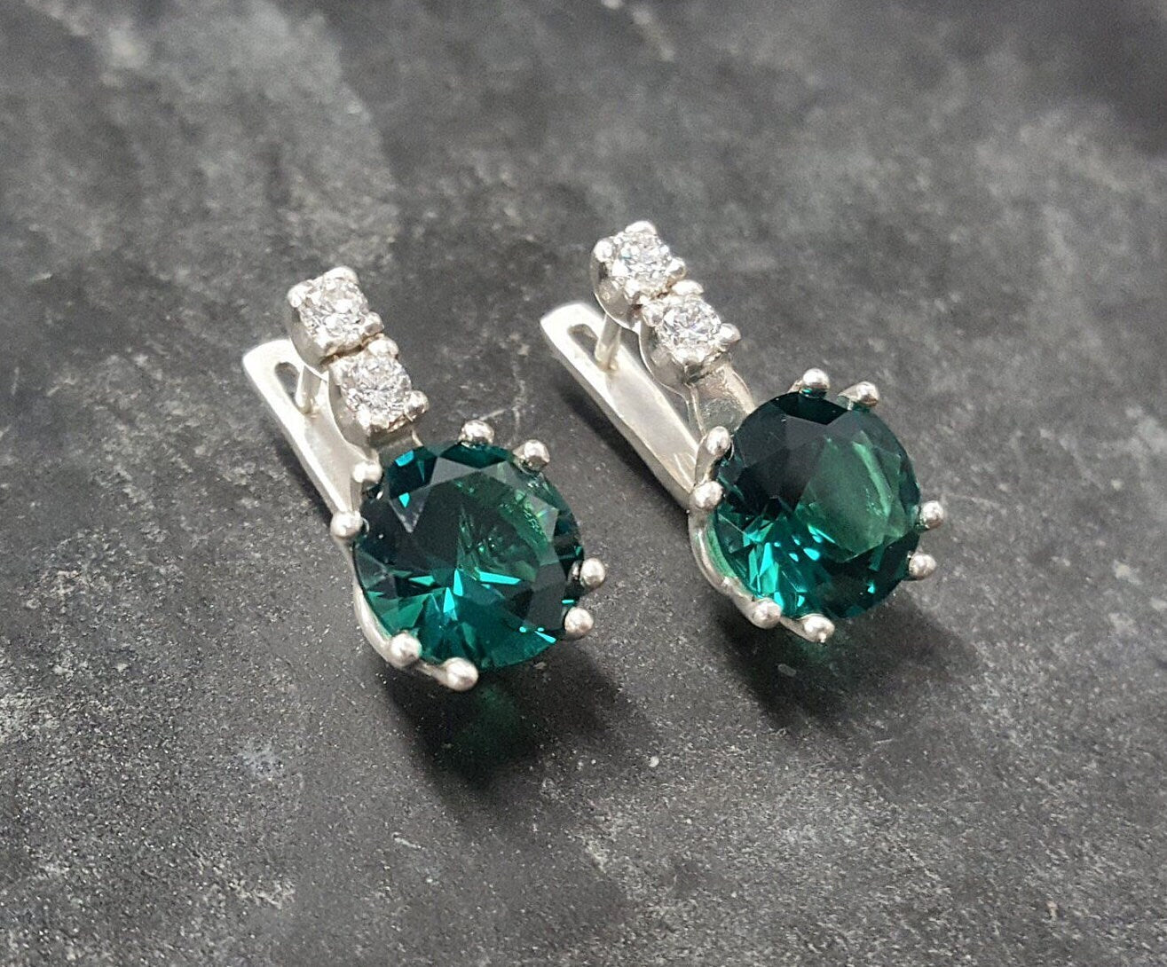 Created Emerald Earrings made in 925 Sterling Silver with Round Created Green Emerald in Prong setting, May Birthstone gift idea, symbolizes, ideal for everyday wear and perfect for birthday gifting and special occasions.