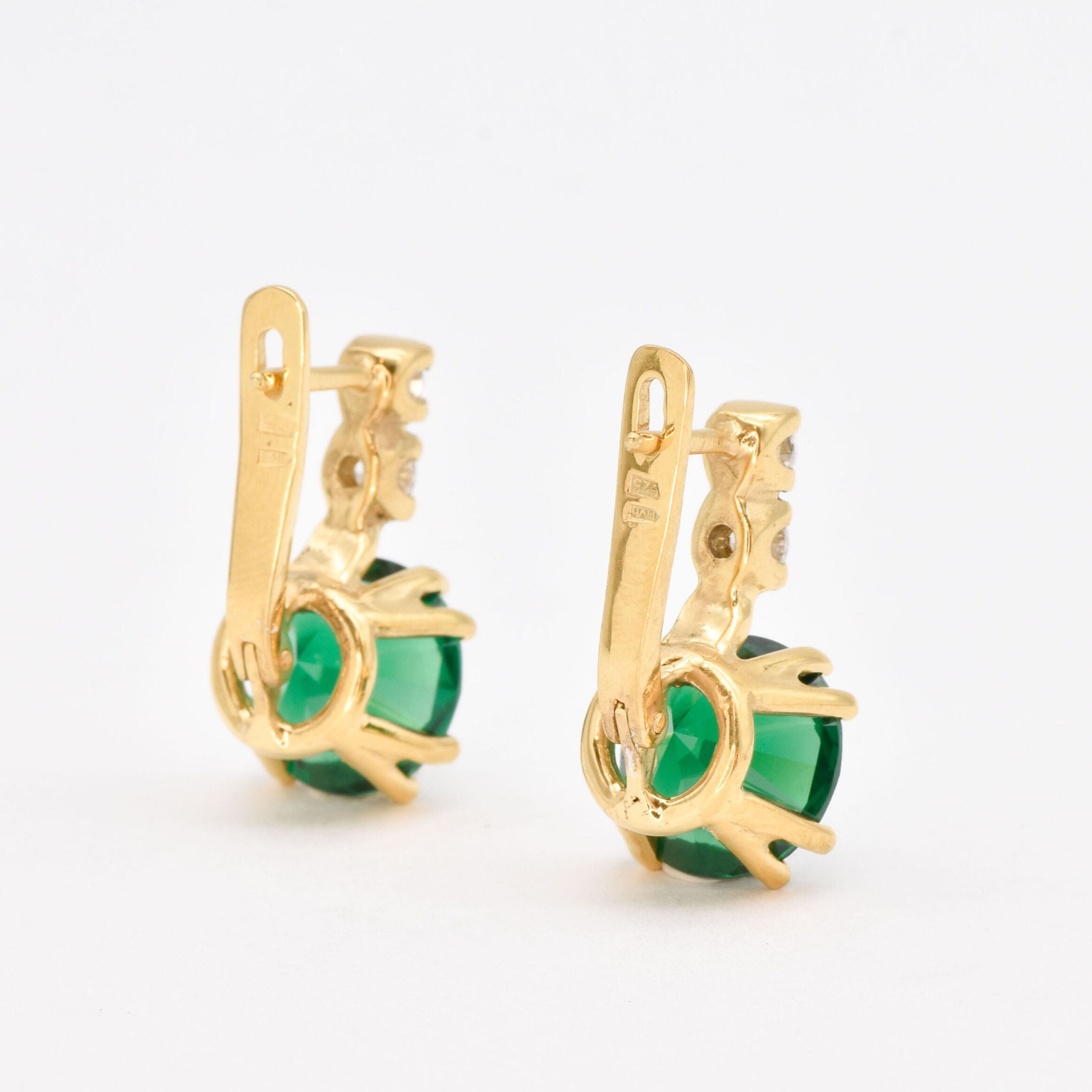 Chic 18k Gold Vermeil Earrings showcasing a vibrant created green emerald, perfect for birthdays and everyday elegance.
