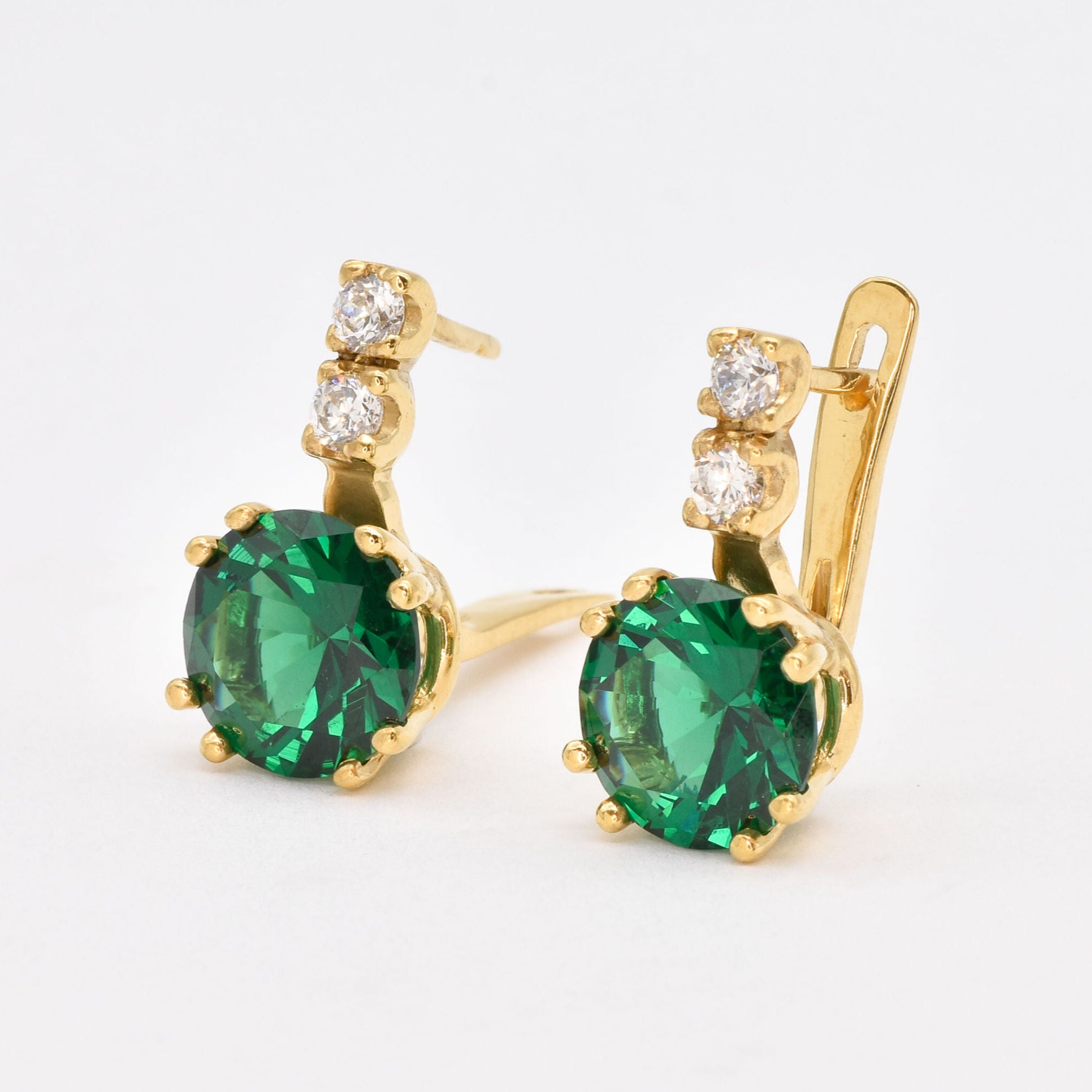 Luxurious 18k Gold Vermeil Earrings with prong-set created green emerald, a stunning May birthstone gift for any occasion.