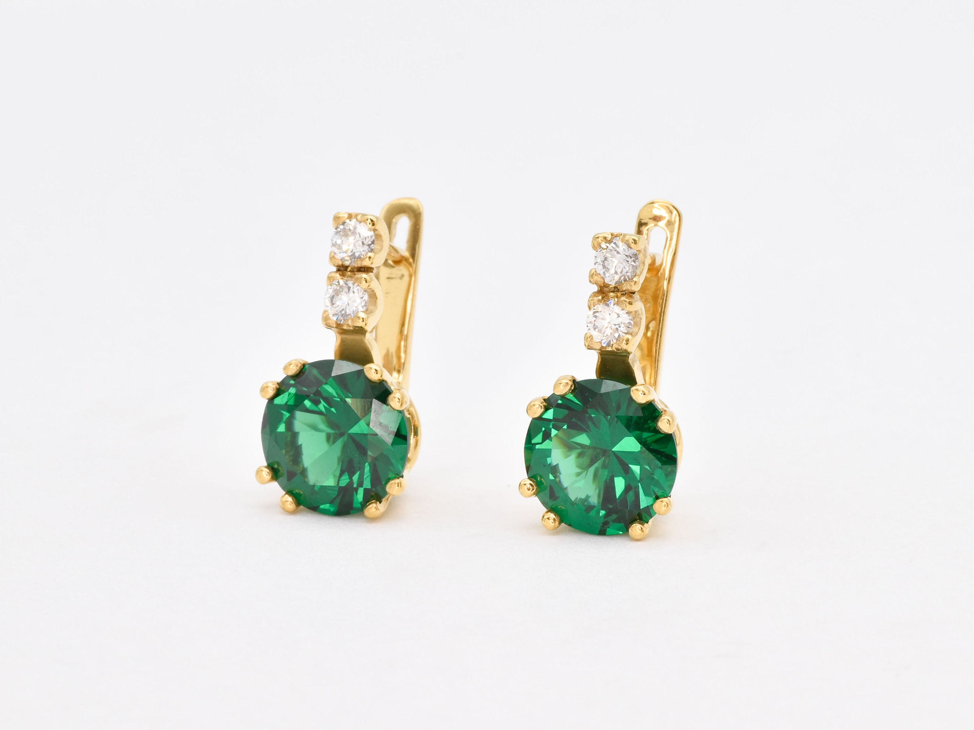 Created Emerald Earrings made in 18k Gold Vermeil with Round Created Green Emerald in Prong setting, May Birthstone gift idea, symbolizes, ideal for everyday wear and perfect for birthday gifting and special occasions.