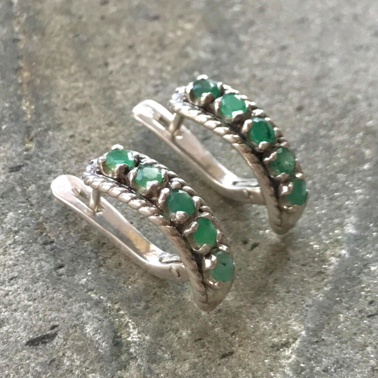 Emerald Earrings, Natural Emerald, Vintage Earrings, Natural Emerald, May Birthstone, Half Eternity Earrings, Solid Silver Earrings, Emerald