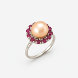 Gold Pearl Ring - Pearl Flower Ring - Natural Ruby Ring