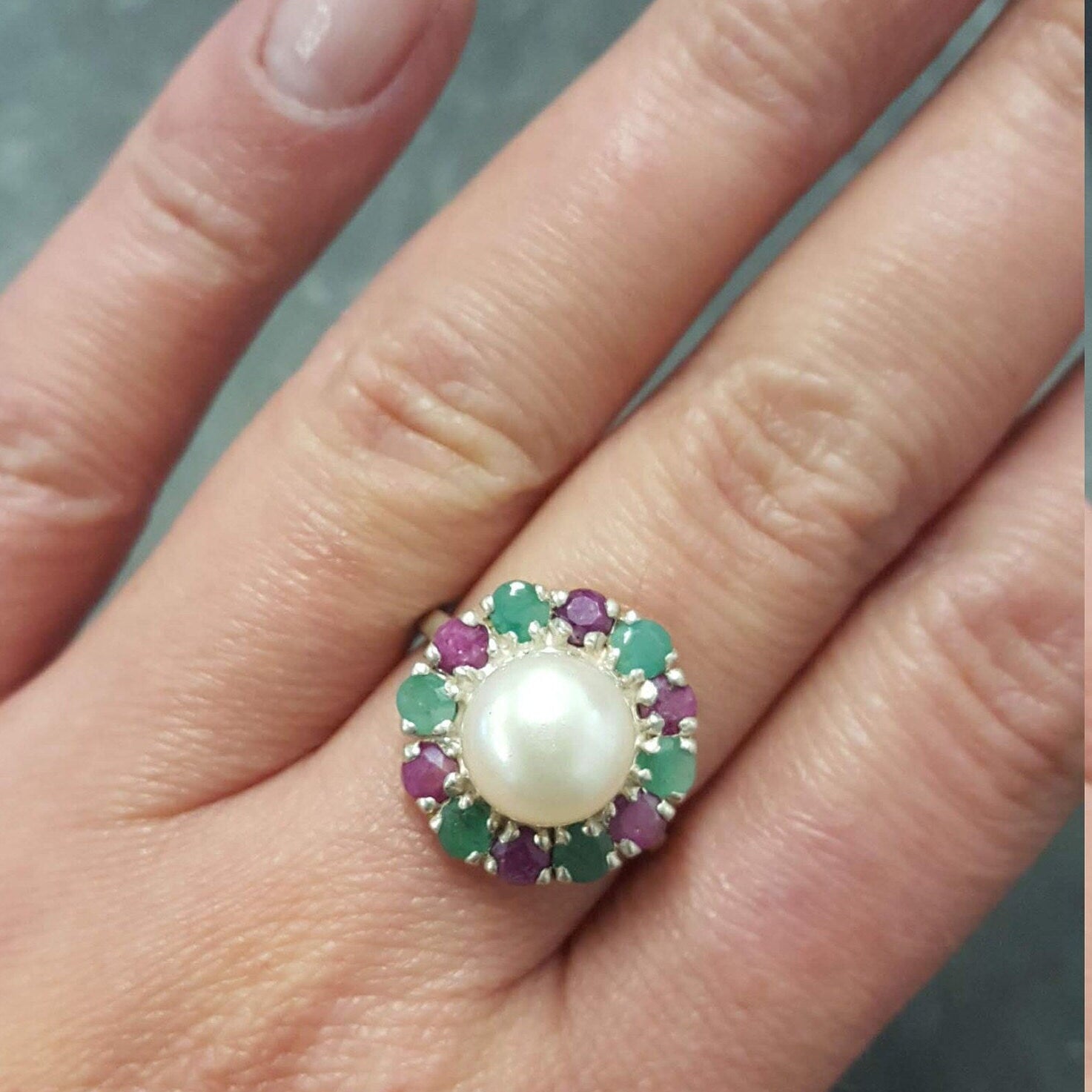 Beige Pearl Ring, Natural Beige Pearl, Victorian Ring, June Birthstone, Ruby Ring, Vintage Ring, July Ring, Birthstone Ring, 925 Silver Ring