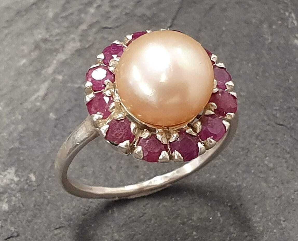 Beige Pearl Ring, Natural Beige Pearl, Victorian Ring, June Birthstone, Ruby Ring, Vintage Ring, July Ring, Birthstone Ring, 925 Silver Ring