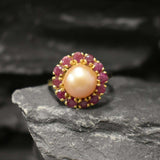 Gold Pearl Ring - Pearl Flower Ring - Natural Ruby Ring