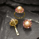 Gold Pearl Ring - Pearl Flower Ring - Natural Ruby Ring