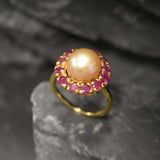 Gold Pearl Ring - Pearl Flower Ring - Natural Ruby Ring