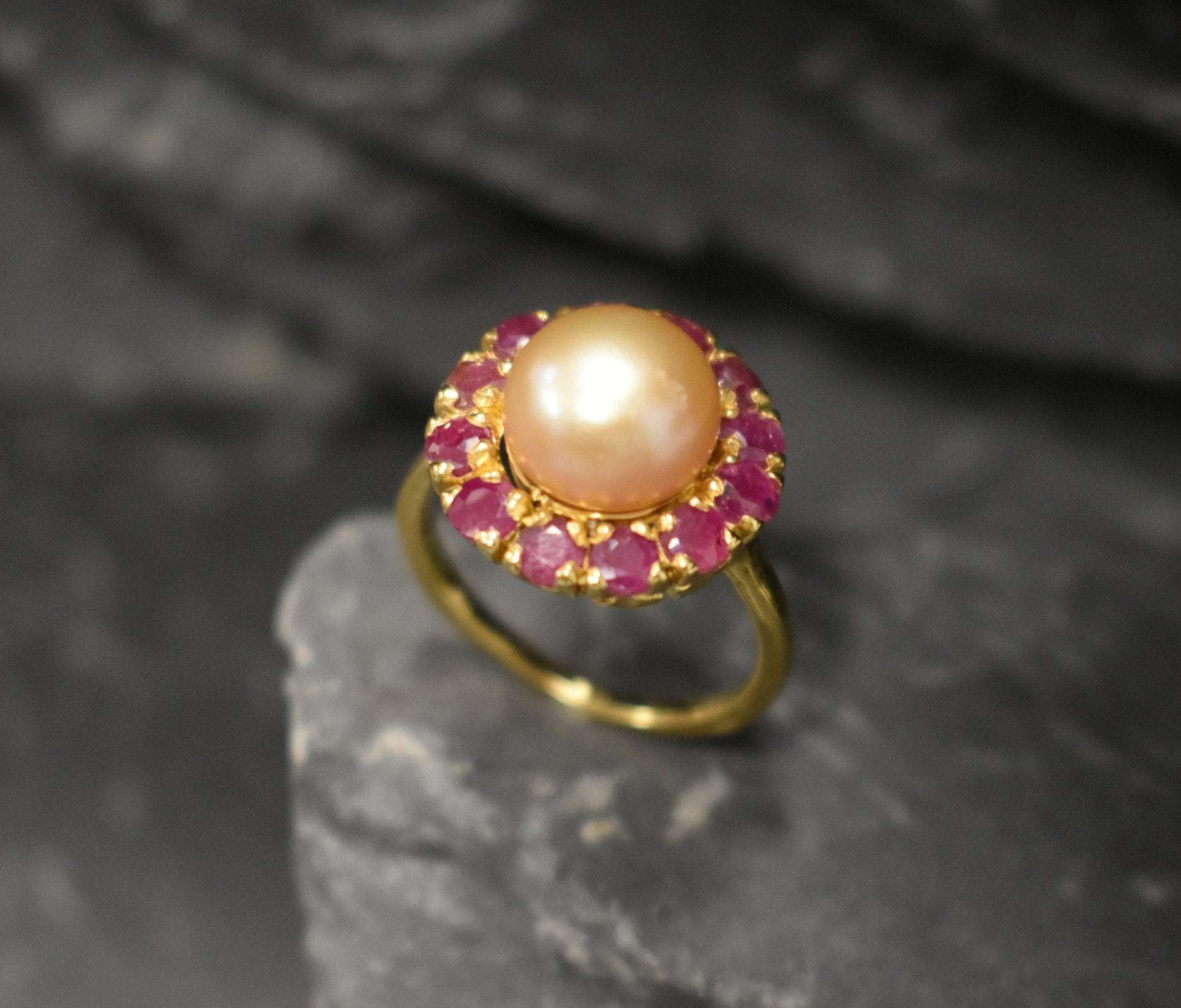 Beige Pearl Ring, Natural Beige Pearl, Victorian Ring, June Birthstone, Ruby Ring, Vintage Ring, July Ring, Birthstone Ring, 925 Silver Ring(1)