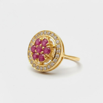 Natural Ruby Ring made in 18k Gold Vermeil with Round Natural Red Ruby in Cluster setting, July Birthstone gift idea, symbolizes nobility, purity, and passion, ideal for everyday wear and perfect for birthday gifting and special occasions.
