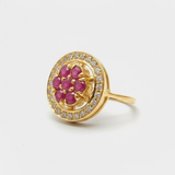 Natural Ruby Ring made in 18k Gold Vermeil with Round Natural Red Ruby in Cluster setting, July Birthstone gift idea, symbolizes nobility, purity, and passion, ideal for everyday wear and perfect for birthday gifting and special occasions.