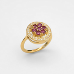 Elegant 18k Gold Vermeil Ruby Ring, features a vibrant round ruby in cluster setting, perfect for July birthdays and daily wear.