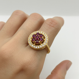 18k Gold Vermeil Natural Ruby Ring, round red ruby in cluster setting, ideal July birthstone gift for special occasions.
