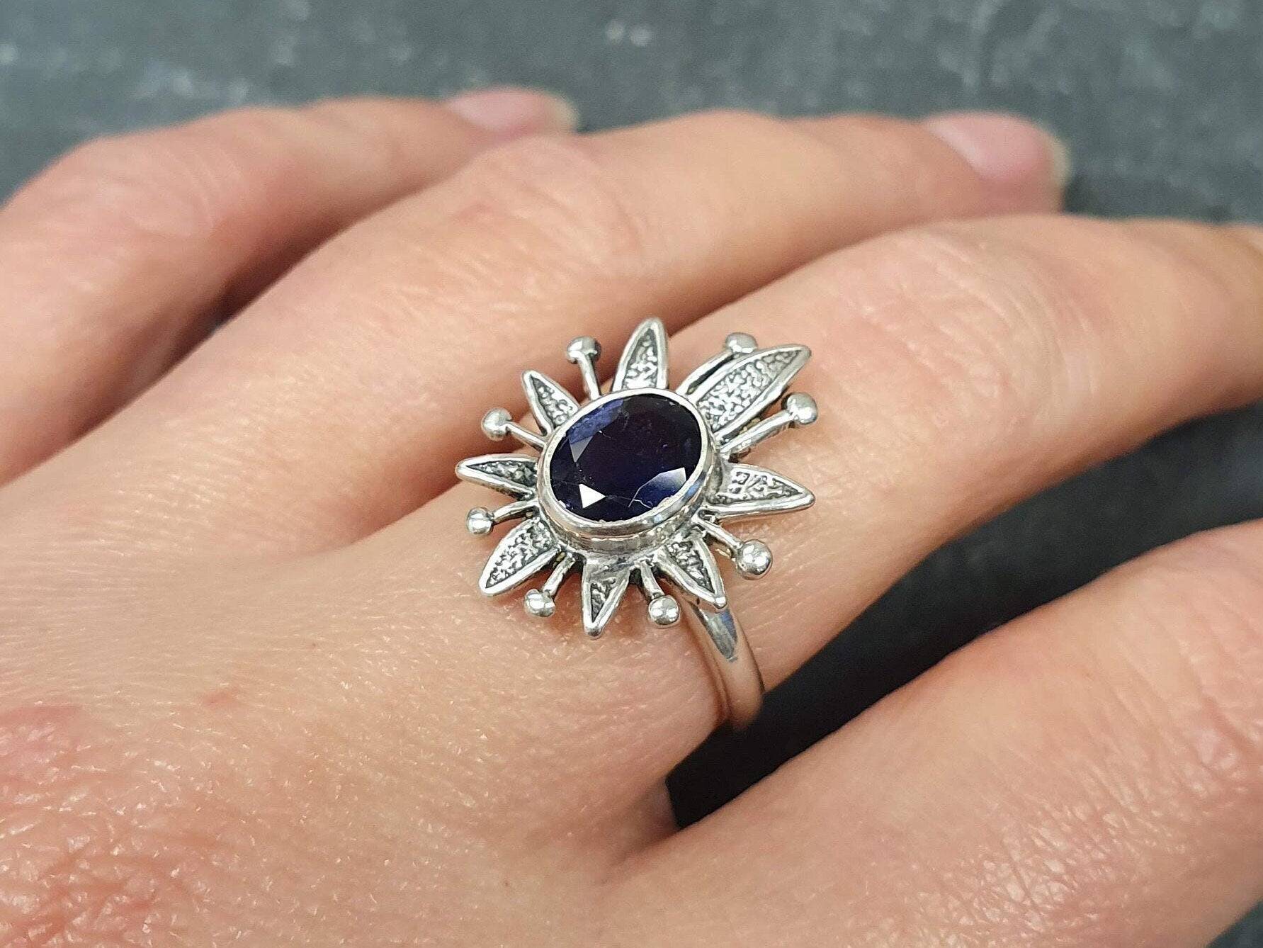 Iolite Ring, Natural Iolite Ring, Silver Flower Ring, Purple Diamond Ring, Flower Ring, Vintage Rings, Violet Iolite Ring, Solid Silver Ring