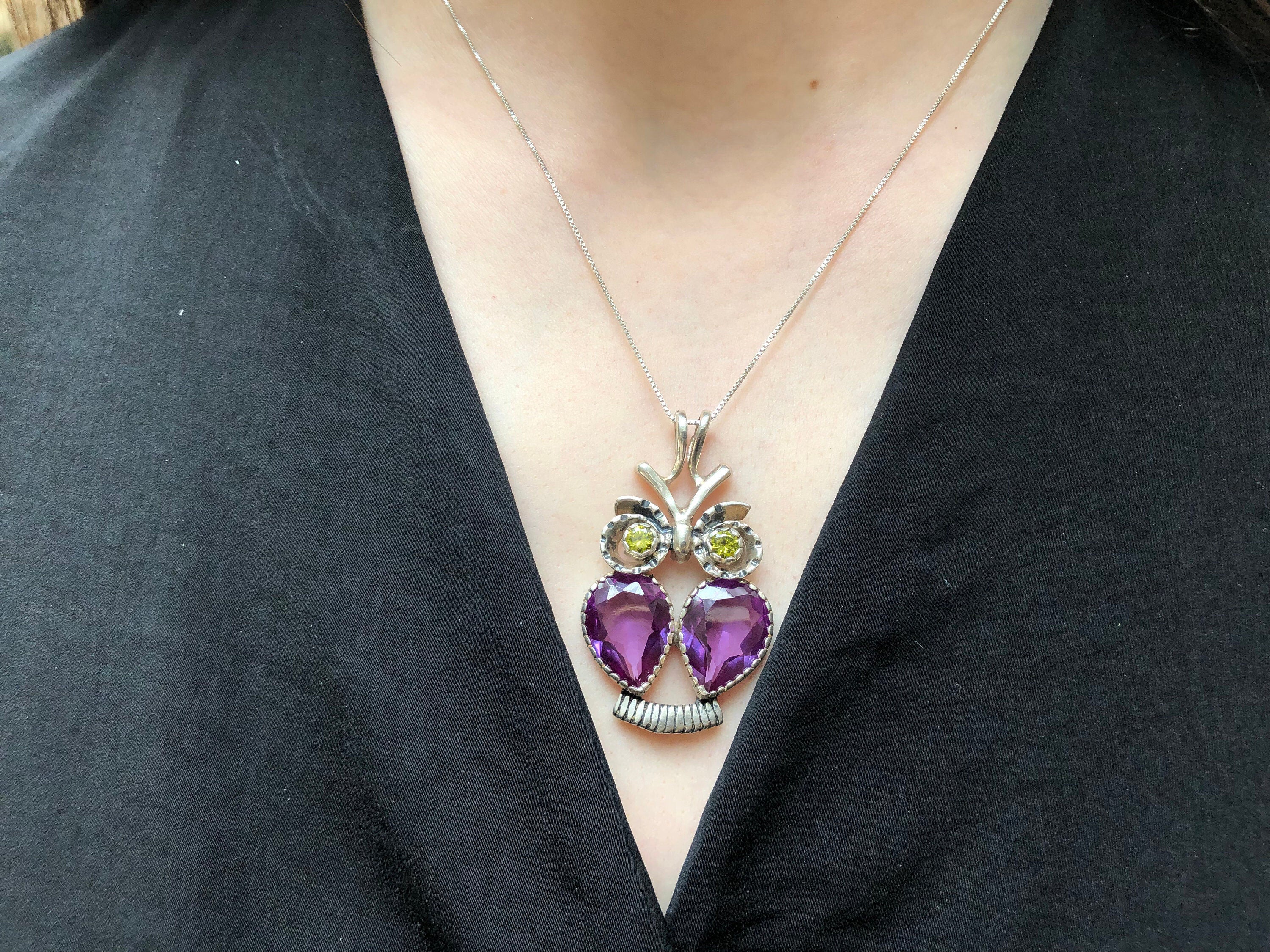 Owl Pendant, Amethyst Pendant, Natural Amethyst, February Birthstone, Animal Pendant, Vintage Pendant, Purple Pendant, Silver Bird Pendant