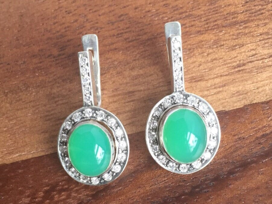 Chrysoprase Earrings, Natural Chrysoprase, Vintage Earrings, May Birthstone, Unique Earrings, May Earrings, Silver Earrings, Chrysoprase