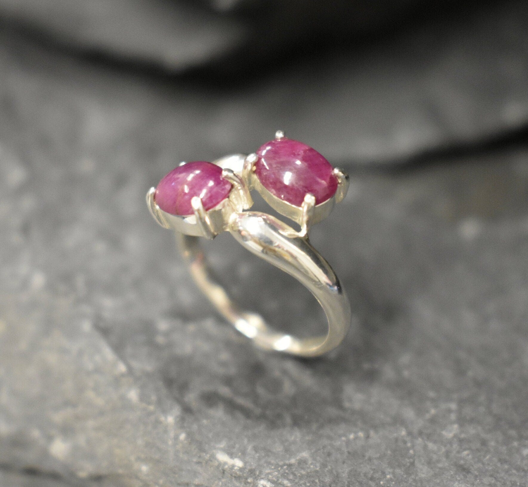 Natural Ruby Ring, Asymmetric Ring, Red Vintage Ring, July Birthstone, Two Stone Ring, July Ring, Red Statement Ring, Solid Silver Ring