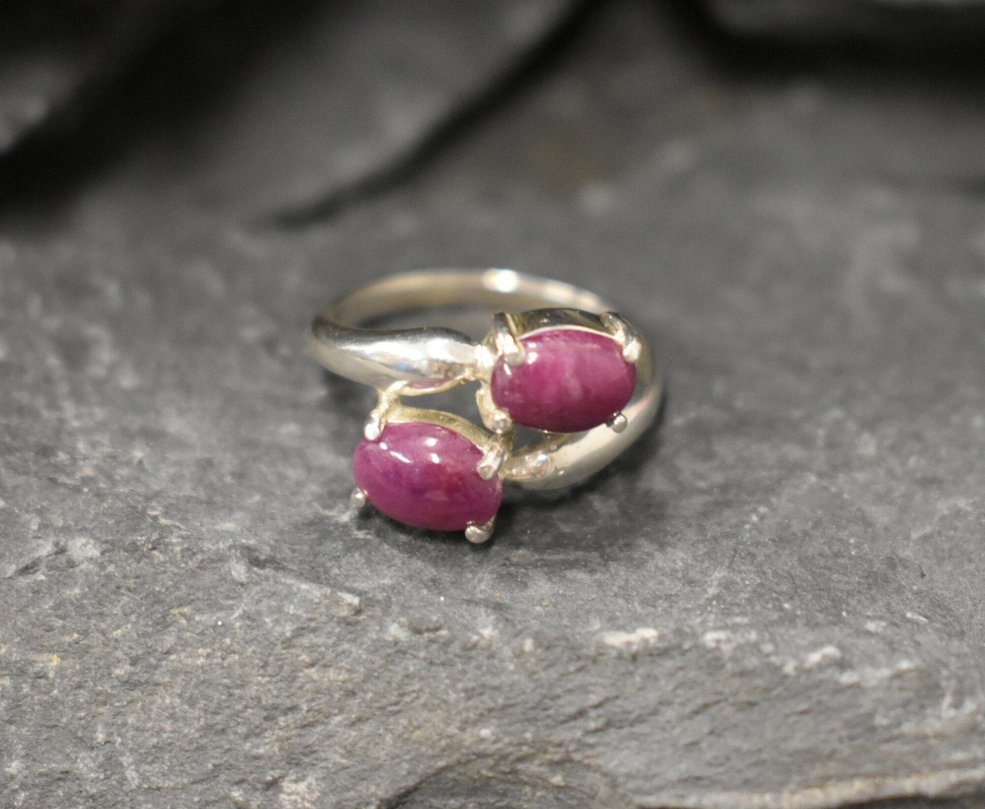 Natural Ruby Ring, Asymmetric Ring, Red Vintage Ring, July Birthstone, Two Stone Ring, July Ring, Red Statement Ring, Solid Silver Ring