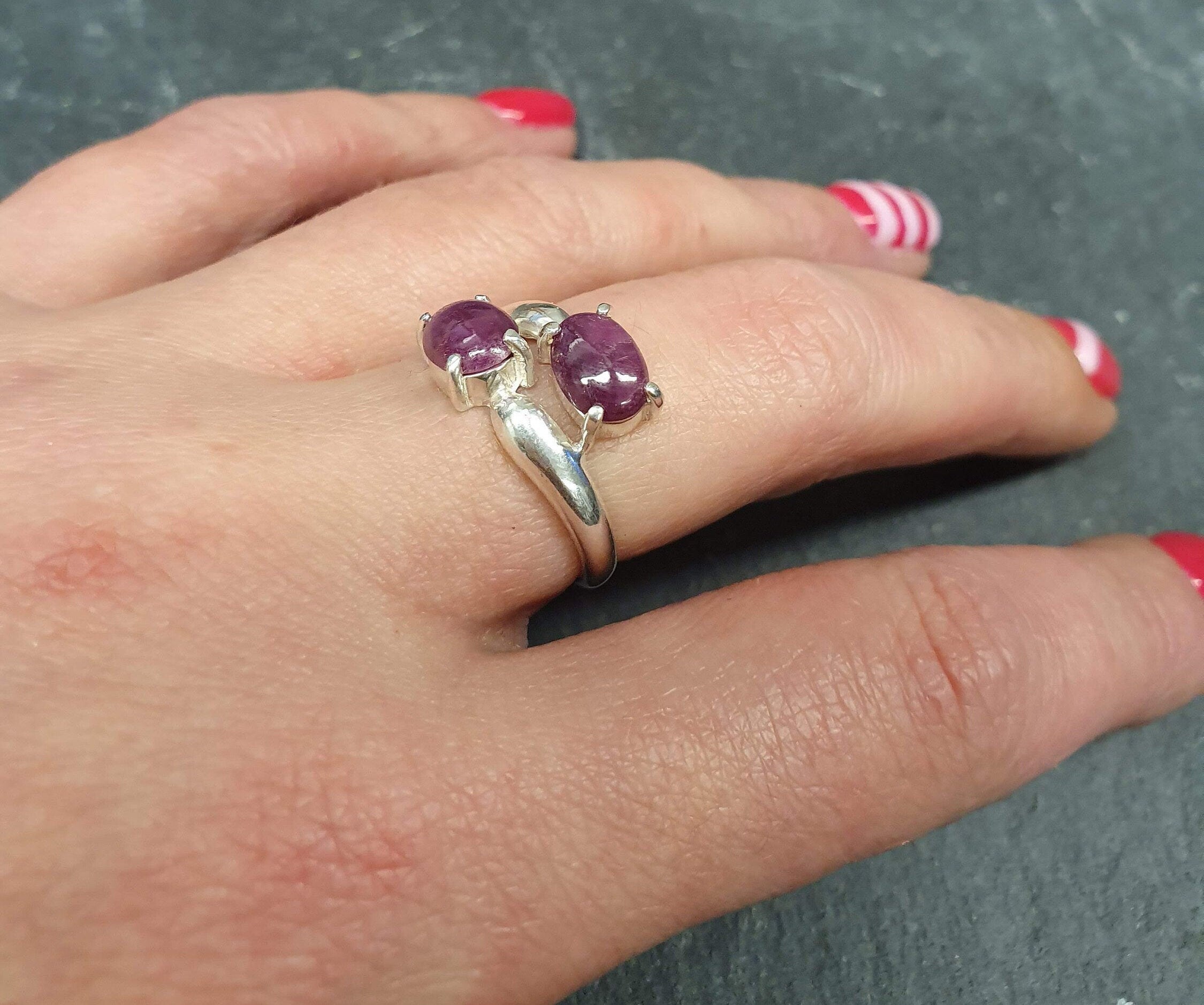 Natural Ruby Ring, Asymmetric Ring, Red Vintage Ring, July Birthstone, Two Stone Ring, July Ring, Red Statement Ring, Solid Silver Ring