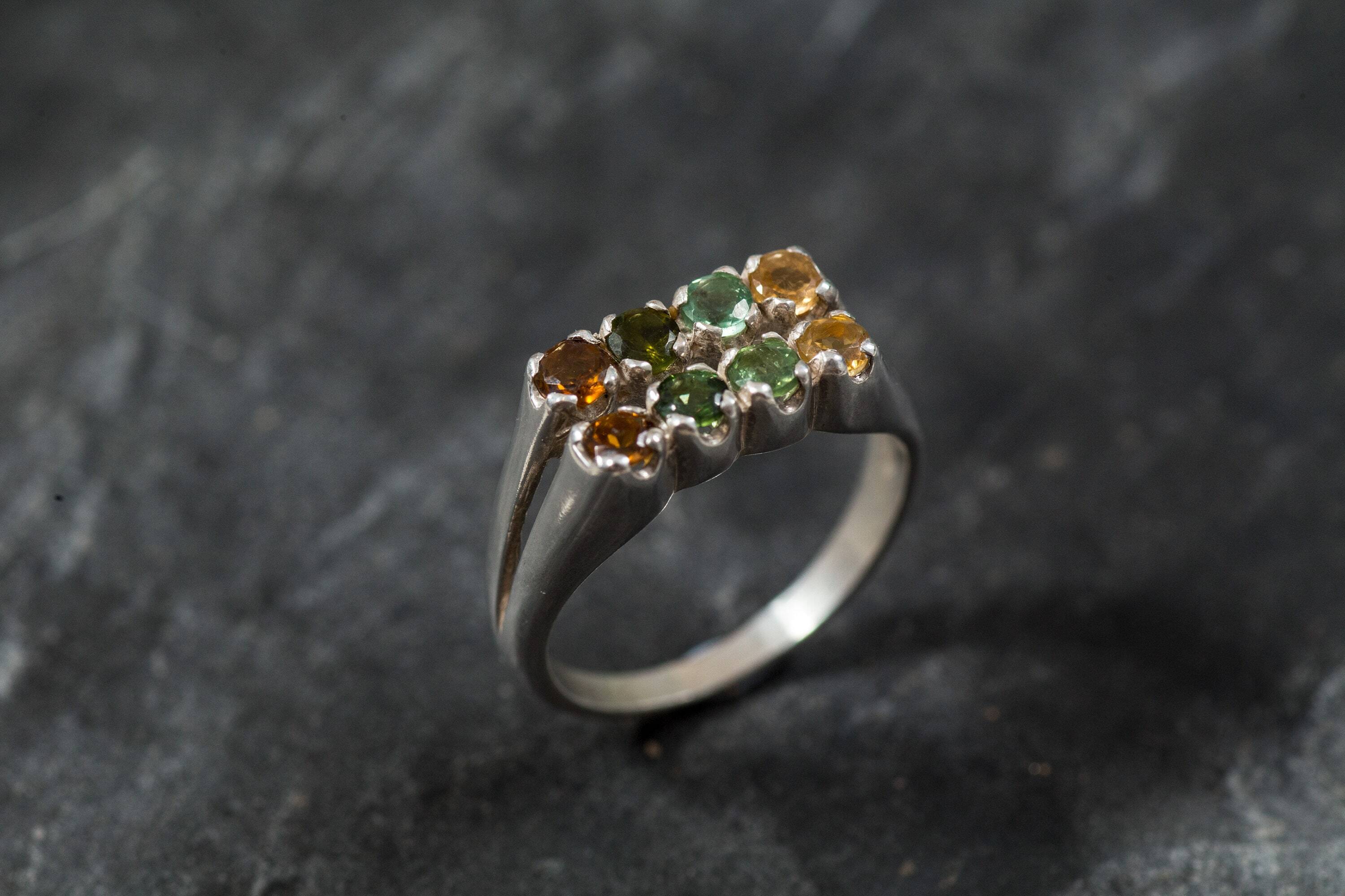 Multicolour Ring, Tourmaline Ring, Natural Tourmaline, Vintage Ring, Yellow Tourmaline, Green Tourmaline, Solid Silver Ring, Tourmaline