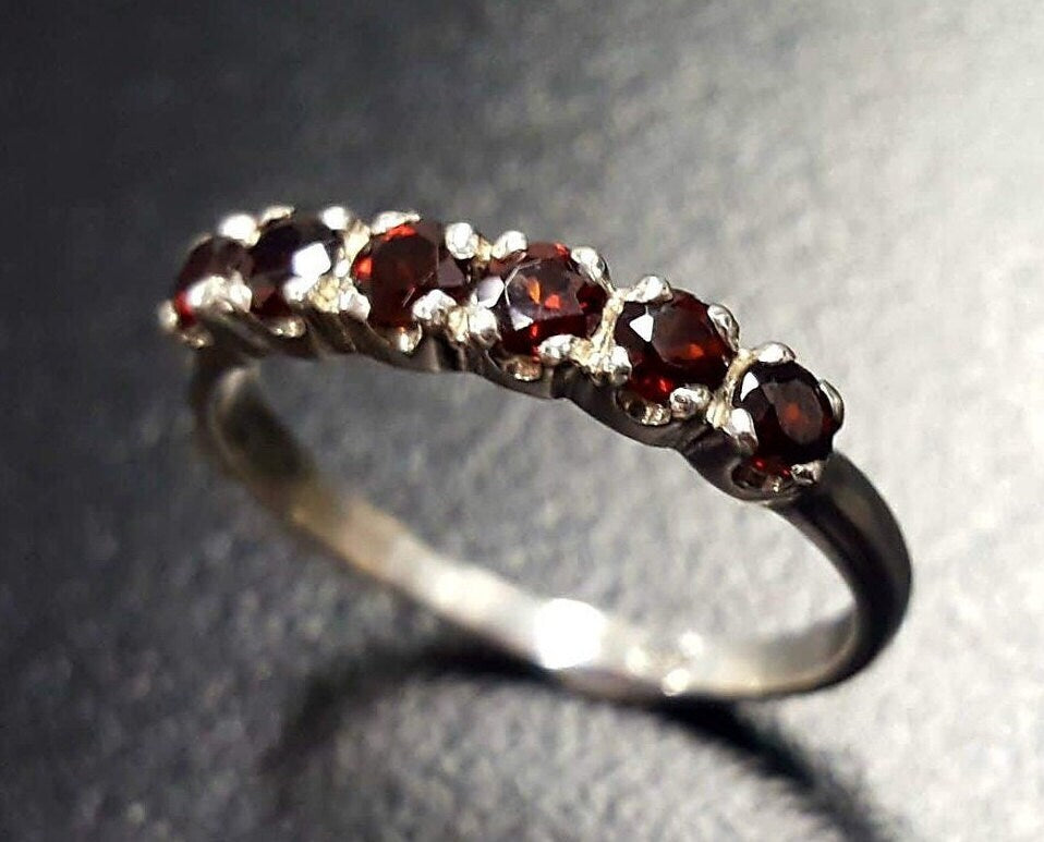 Genuine Garnet Ring - Half Eternity Band - Red Classic Ring