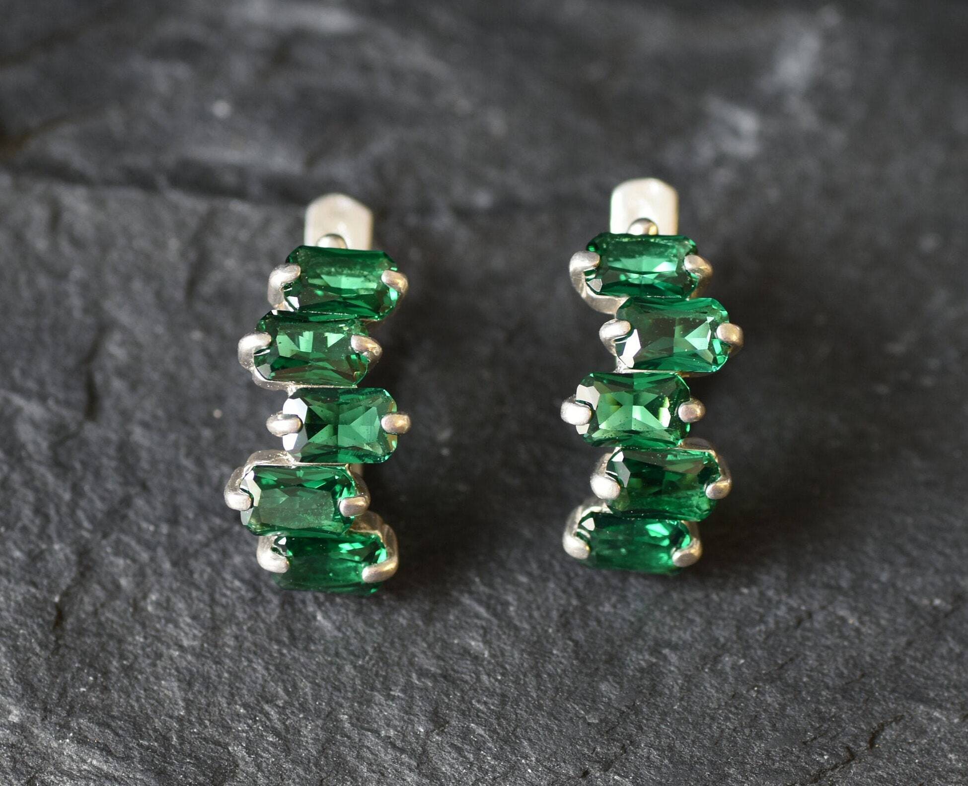 Gold Emerald Earrings - Created Emerald, Gold Baguette Earrings