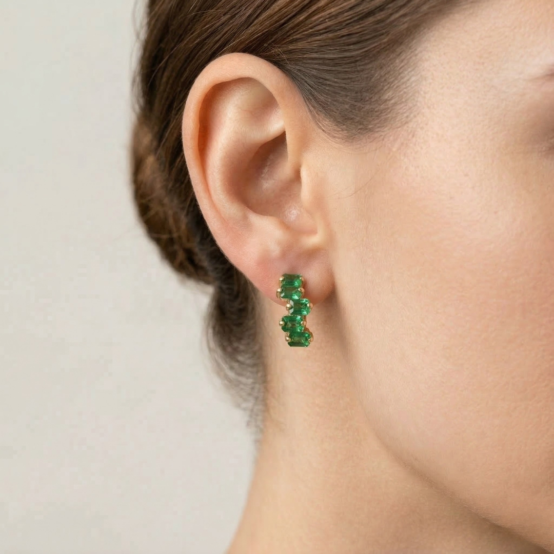 Elegant Cluster Emerald Earrings in 18k Gold Vermeil, perfect May Birthstone gift for special occasions and daily wear.