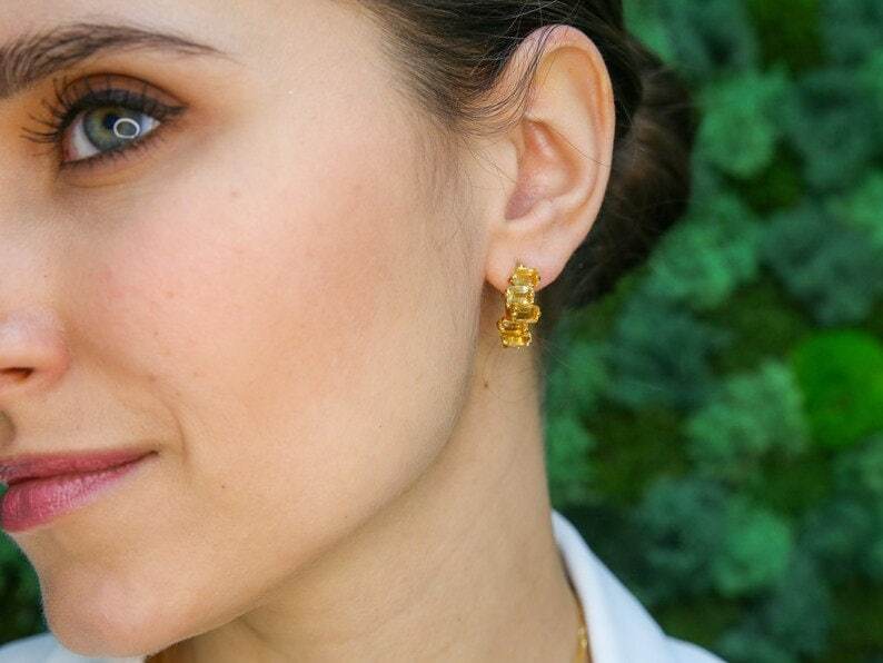 Elegant Cluster Emerald Earrings in 18k Gold Vermeil, perfect May Birthstone gift for special occasions and daily wear.