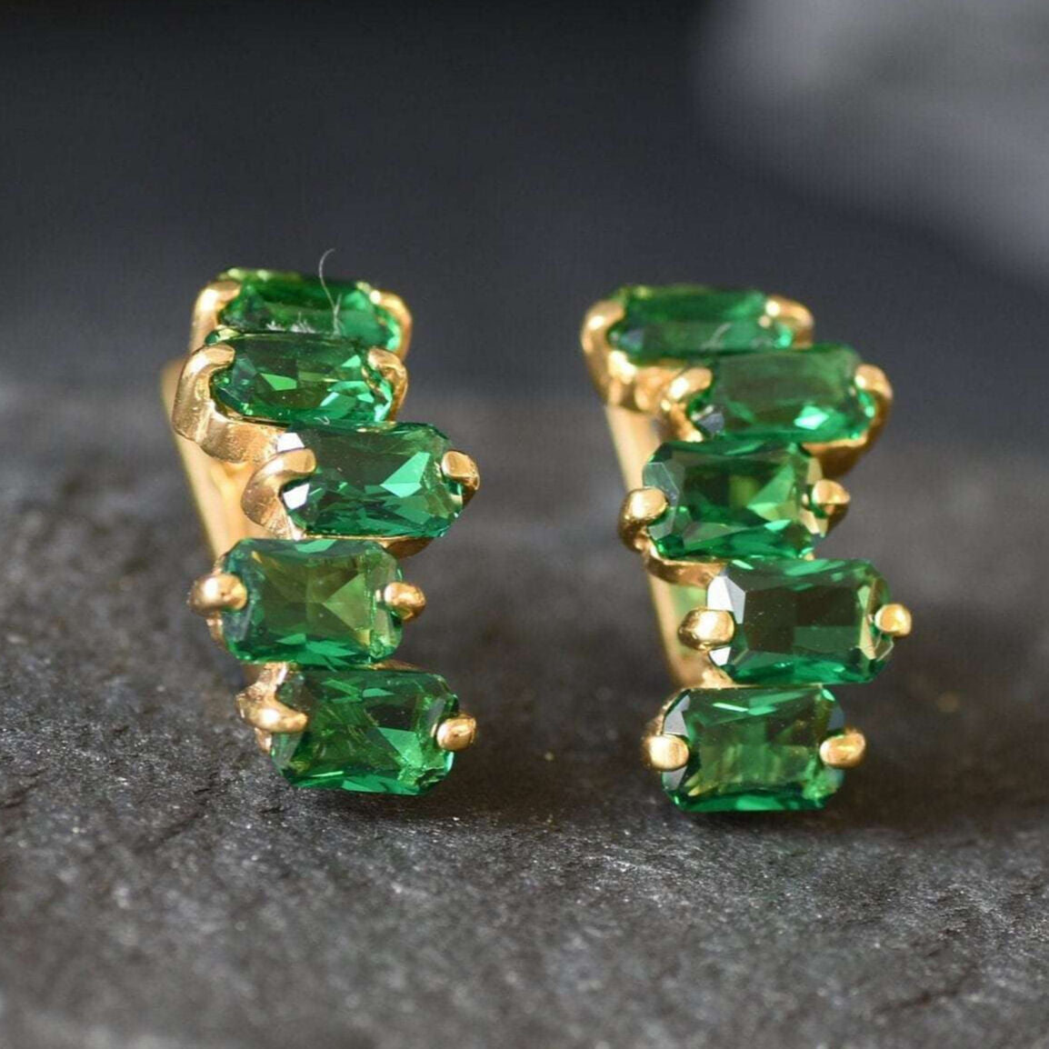 Created Emerald Earrings made in 18k Gold Vermeil with Emerald Created Green Emerald in Cluster setting, May Birthstone gift idea, symbolizes, ideal for everyday wear and perfect for birthday gifting and special occasions.
