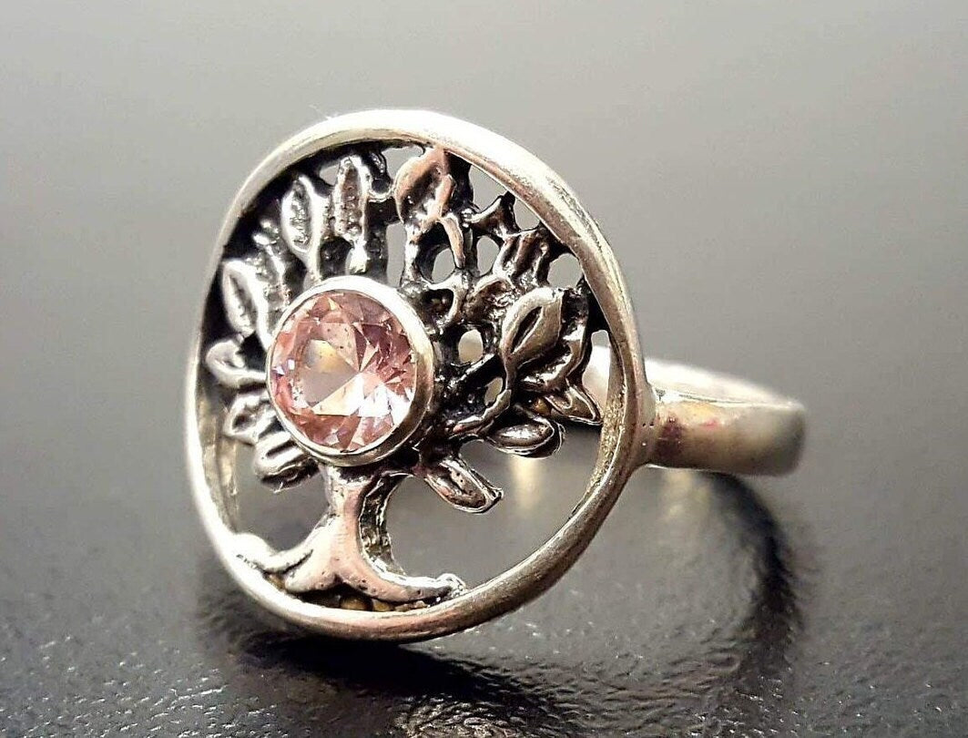 Morganite Ring, Created Morganite, Pink Ring, Tree Ring, Pink Diamond Ring, Silver Tree Ring, Unique Stone Ring, 925 Silver Ring, Morganite