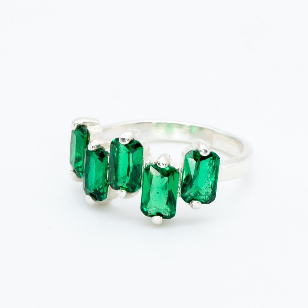 Emerald Ring, Created Emerald, Baguette Band, Half Eternity Ring, Green Diamond Ring, Asymmetric Ring, Emerald Cut Ring, 925 Sterling Silver