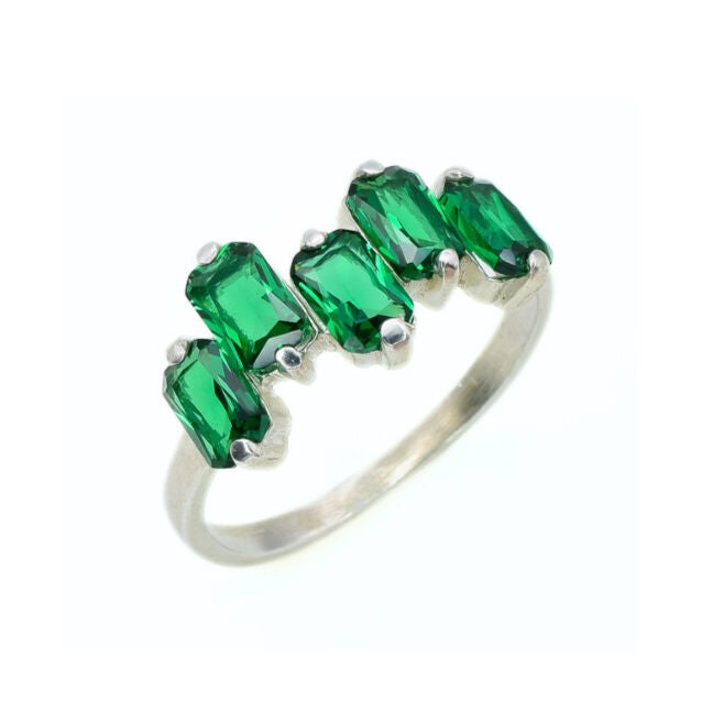 Emerald Ring, Created Emerald, Baguette Band, Half Eternity Ring, Green Diamond Ring, Asymmetric Ring, Emerald Cut Ring, 925 Sterling Silver