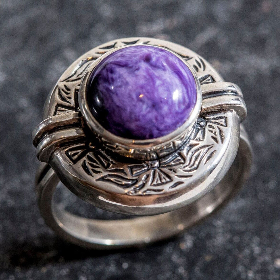 Egyptian Purple Ring, Charoite Ring, Natural Charoite, Purple Ring, Artistic Ring, Scorpio Birthstone, Vintage Rings, Solid Silver, Charoite