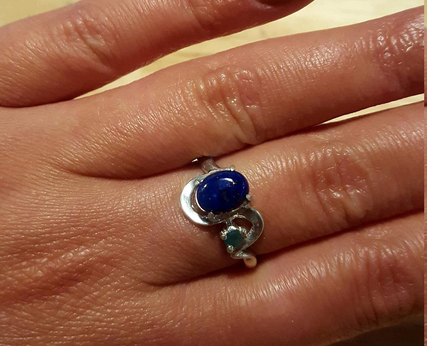 Unique Lapis Ring, Lapis Lazuli Ring, Natural Lapis, Natural Emerald, December Birthstone, Vintage Rings, Solid Silver Ring, Lapis Lazuli
