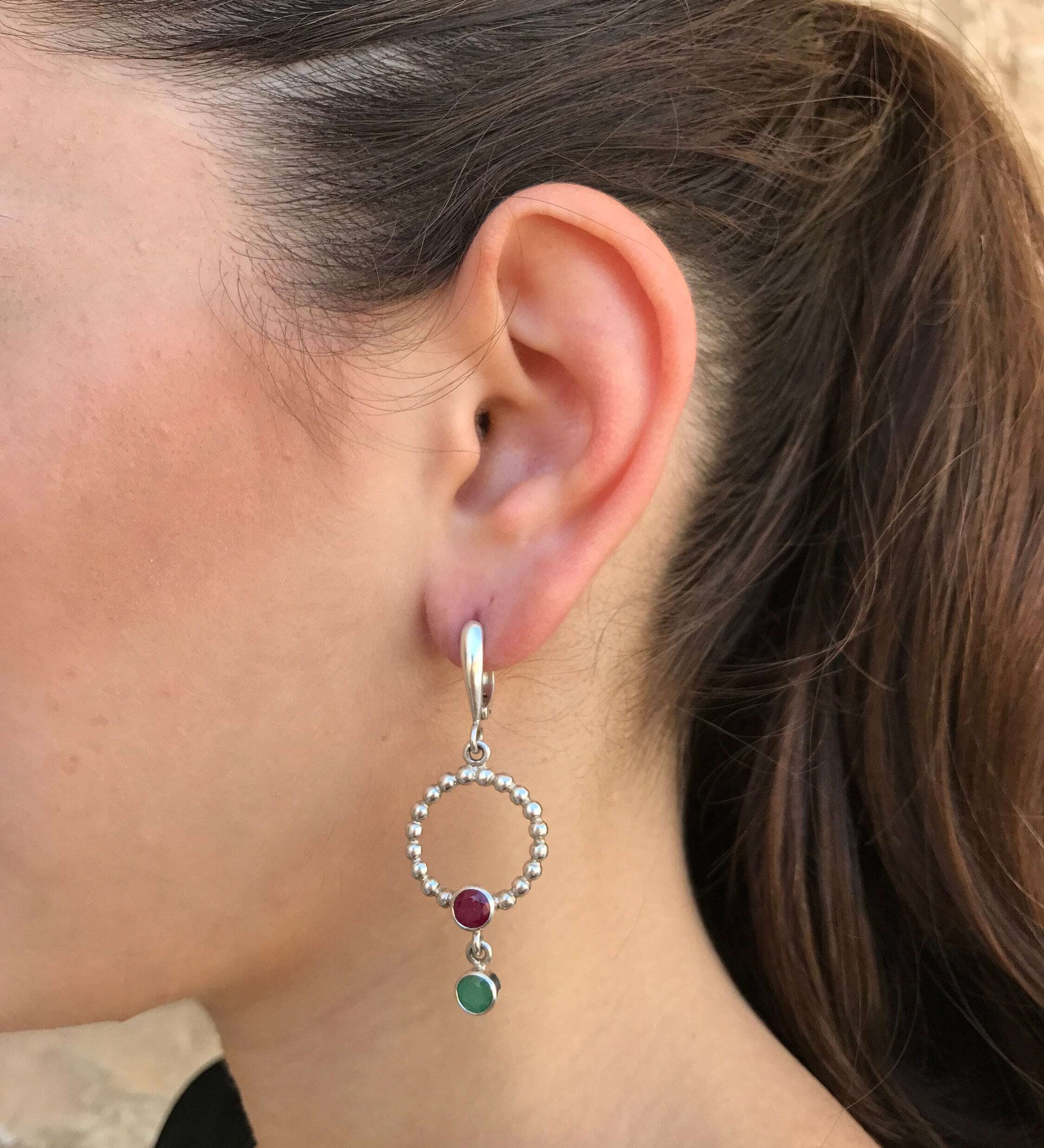 Long Circle Earrings, Natural Topaz, Natural Peridot, Artistic Earrings, Long Silver Earrings, Sterling Silver Earrings, Peridot, Blue Topaz