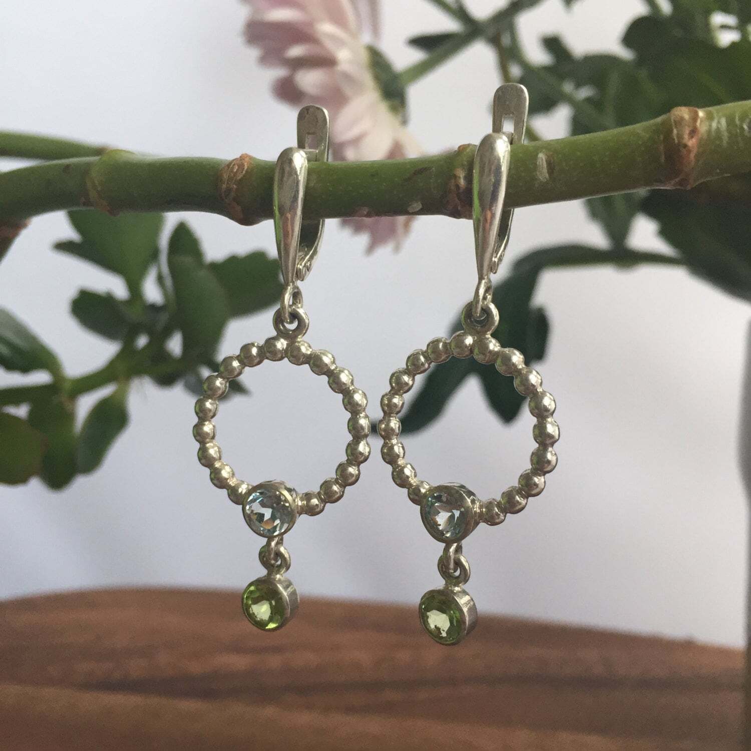 Long Circle Earrings, Natural Topaz, Natural Peridot, Artistic Earrings, Long Silver Earrings, Sterling Silver Earrings, Peridot, Blue Topaz