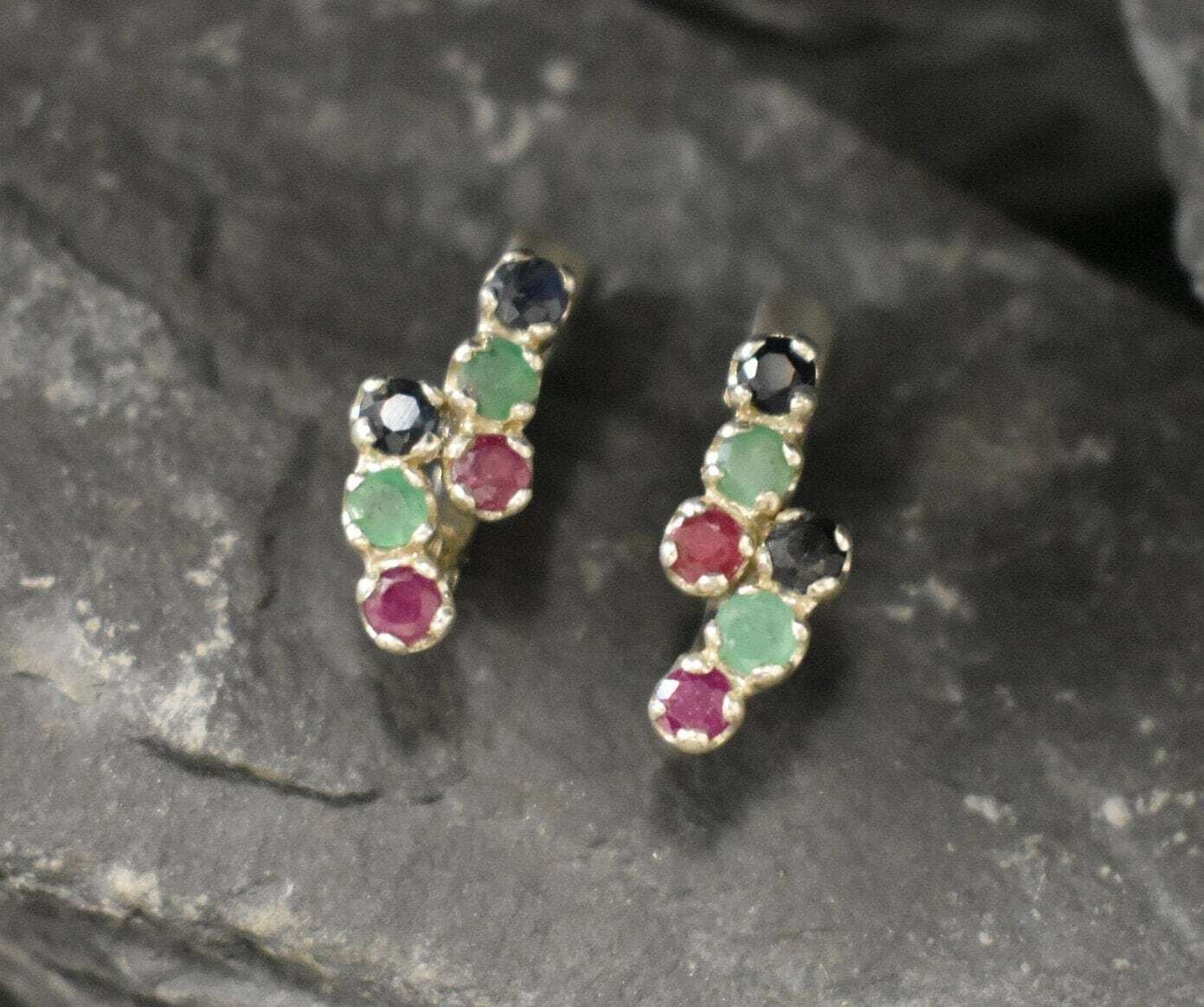 Colorful Multistone Earrings - Natural Emerald Sapphire Ruby - Drop Birthstone Earrings